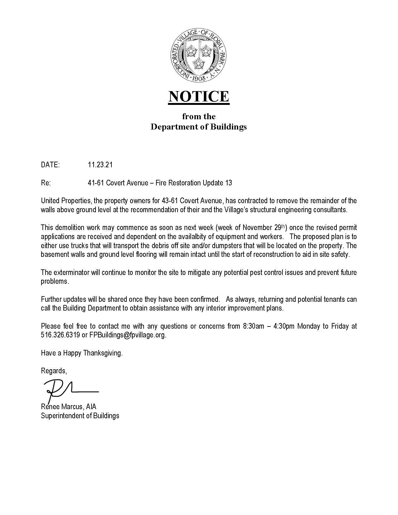UPDATED: 11/23/2021- Building Department Notice for 41-61 Covert Avenue – Fire Restoration