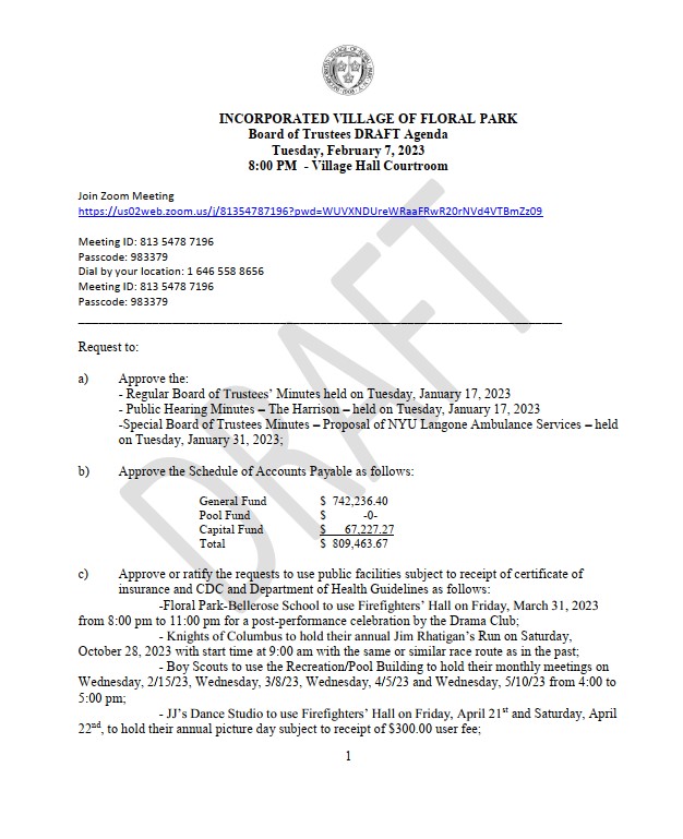 February 6, 2023 Board of Trustees Meeting Draft Agenda