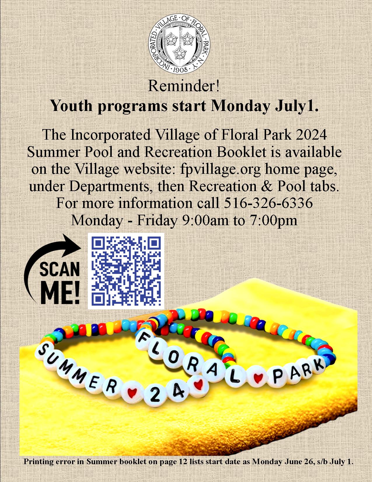 Pool & Recreation Youth Programs Start - Monday, July 1