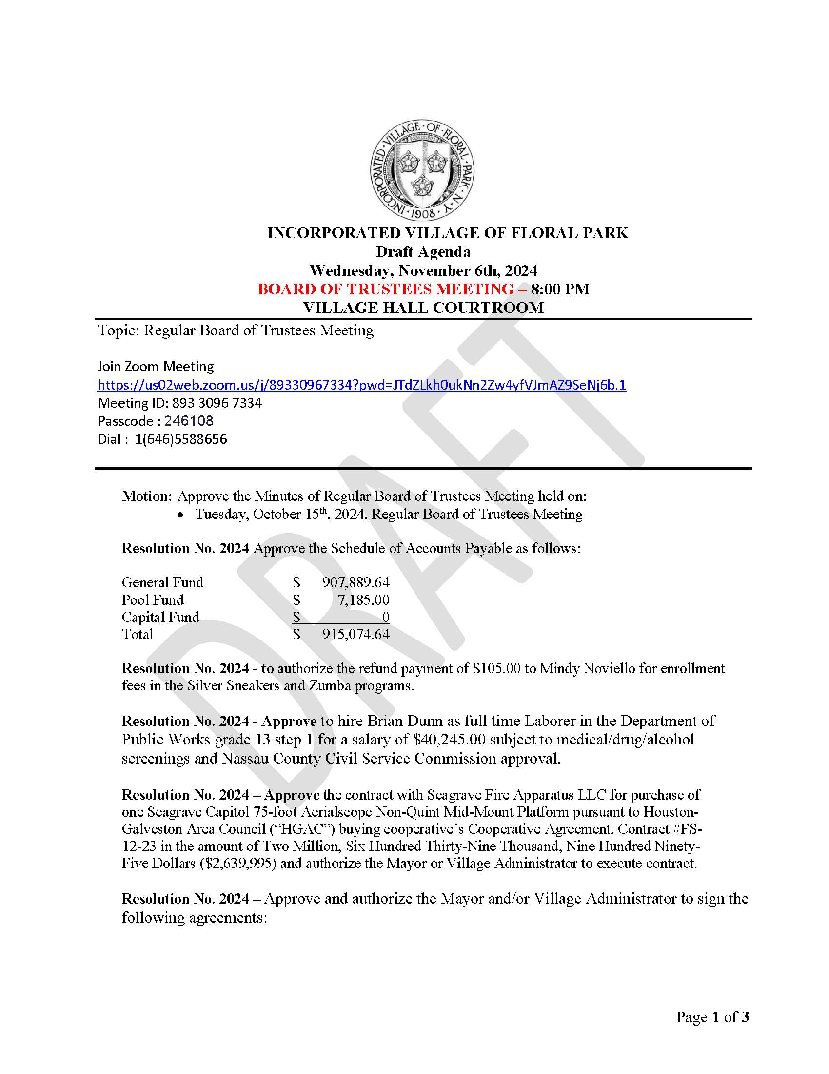 Board of Trustee Meeting Agenda - Wednesday, November 6th, 2024