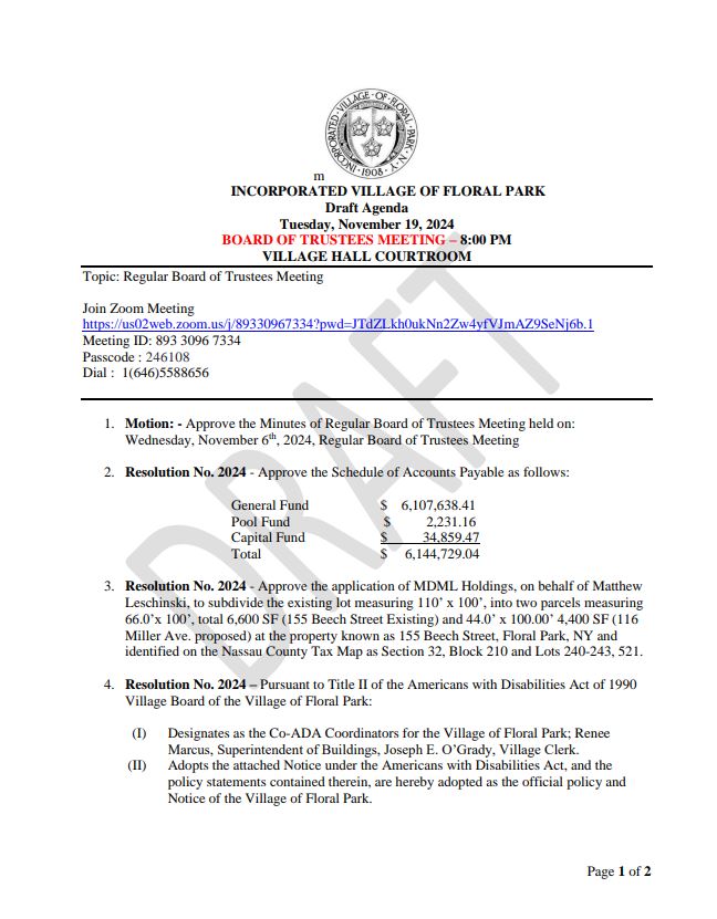 Board of Trustees Meeting Draft Agenda November 19, 2024